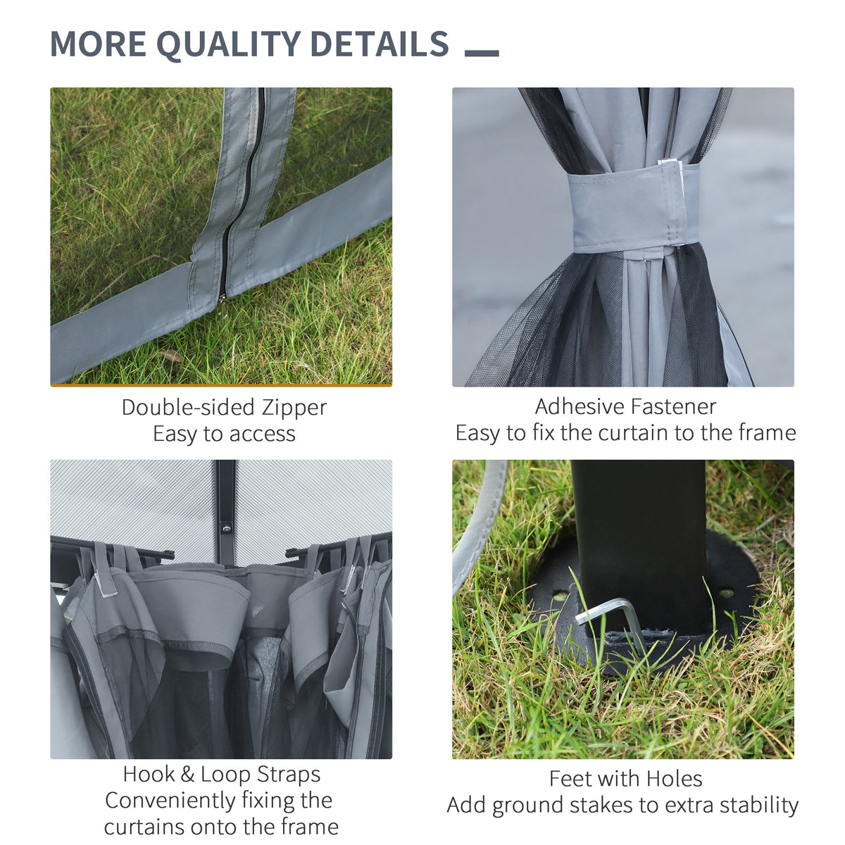 Gazebo curtain details include a zipper, fastening straps, and ground stake holes