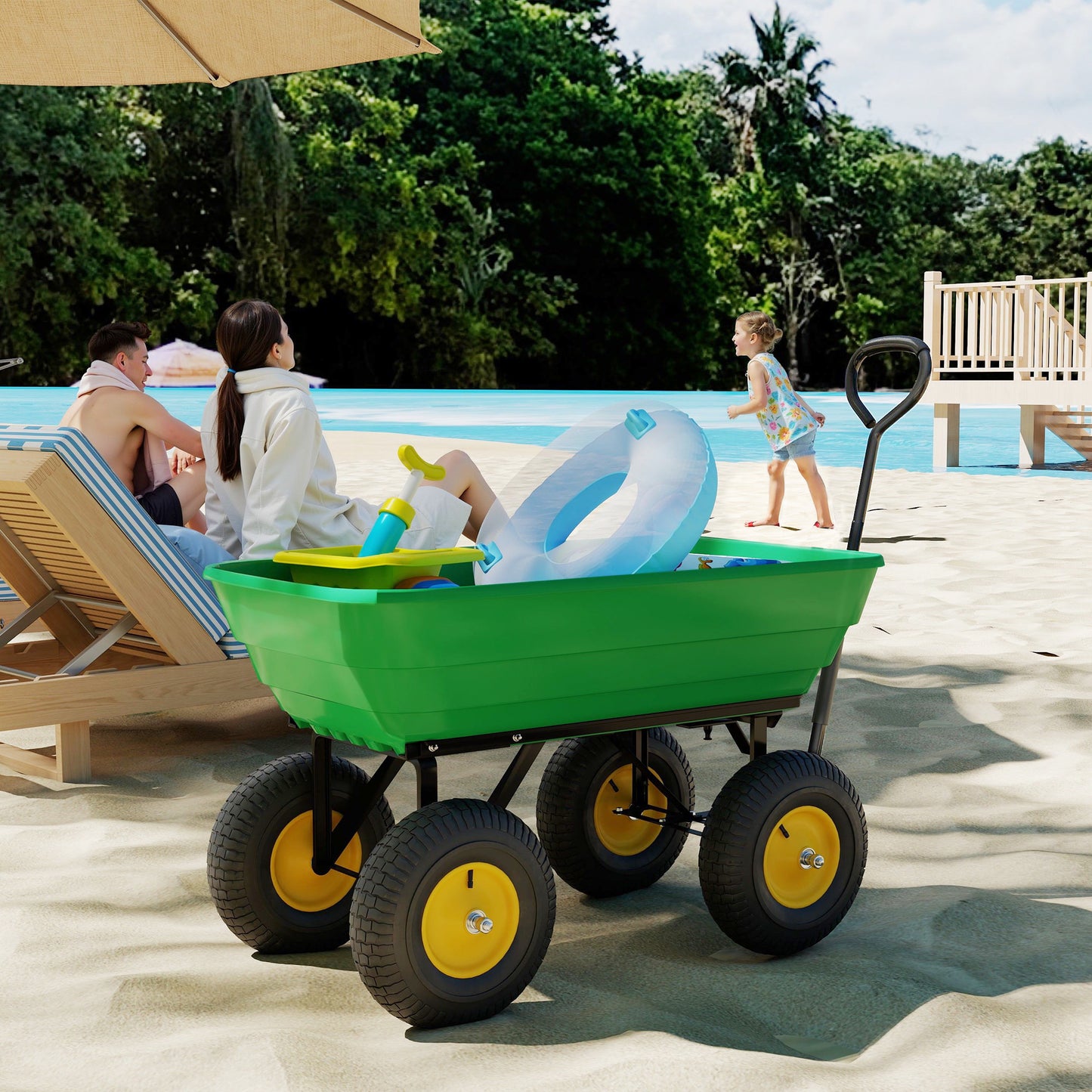 Outsunny 75 Litre Large Garden Cart, Tipping Wheelbarrows Heavy Duty Garden Dump Trolley 200kg Capacity for Festivals, Tools, Plants, Logs - Green