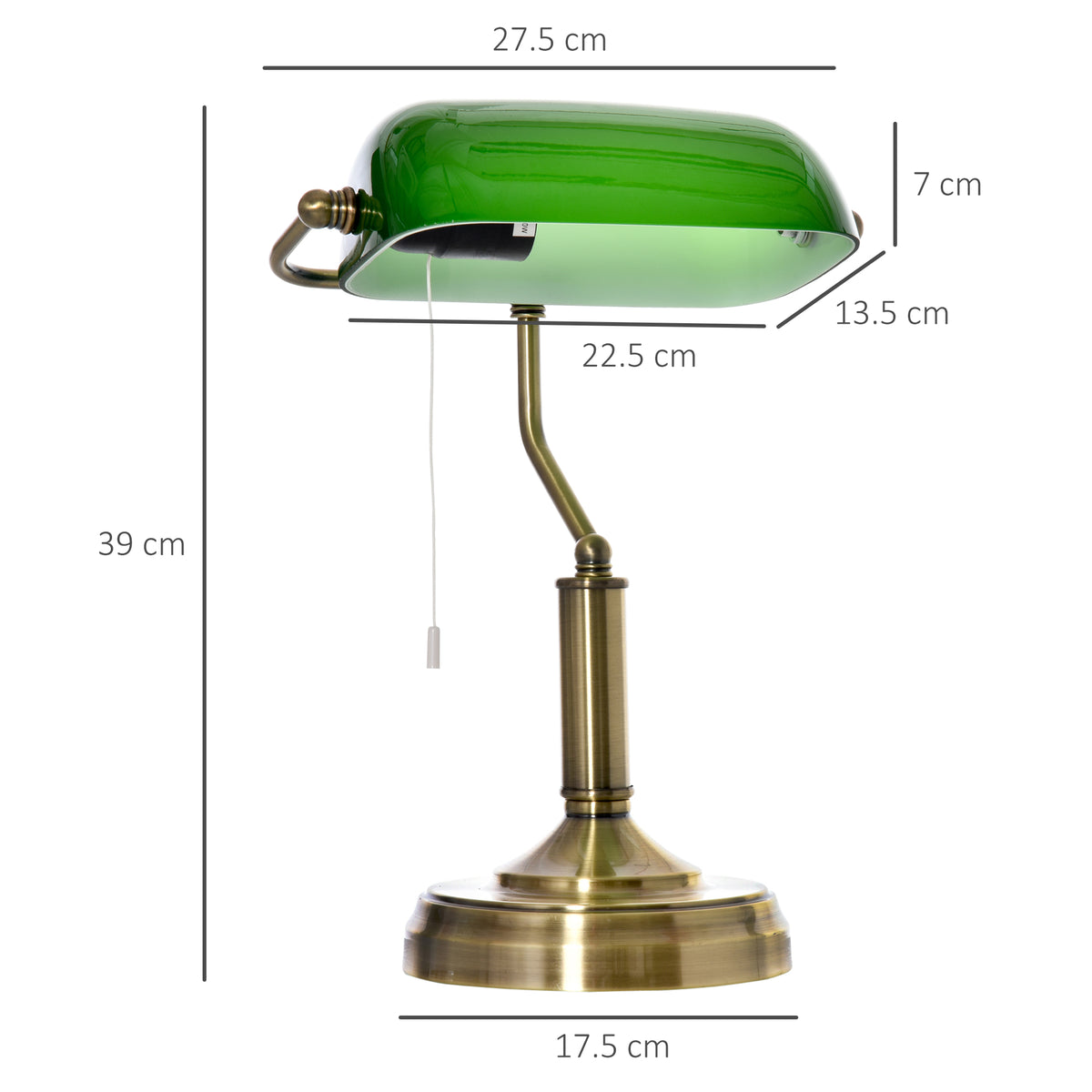 HOMCOM banker's desk lamp with green shade and dimensions marked