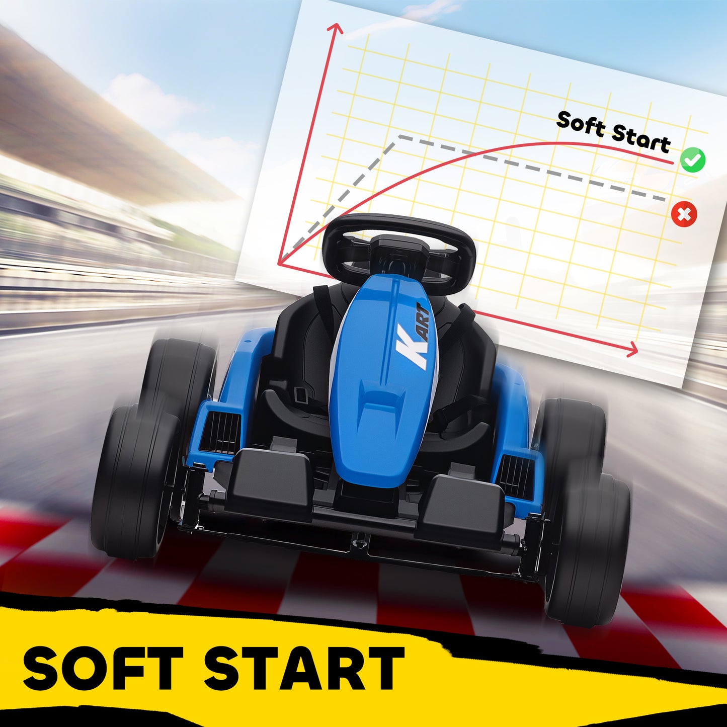 AIYAPLAY 24V Electric Go Kart, Drift Kart with Adjustable Seat, Slow Start, 5-Point Harness, Music, for 6-12 Years, Blue
