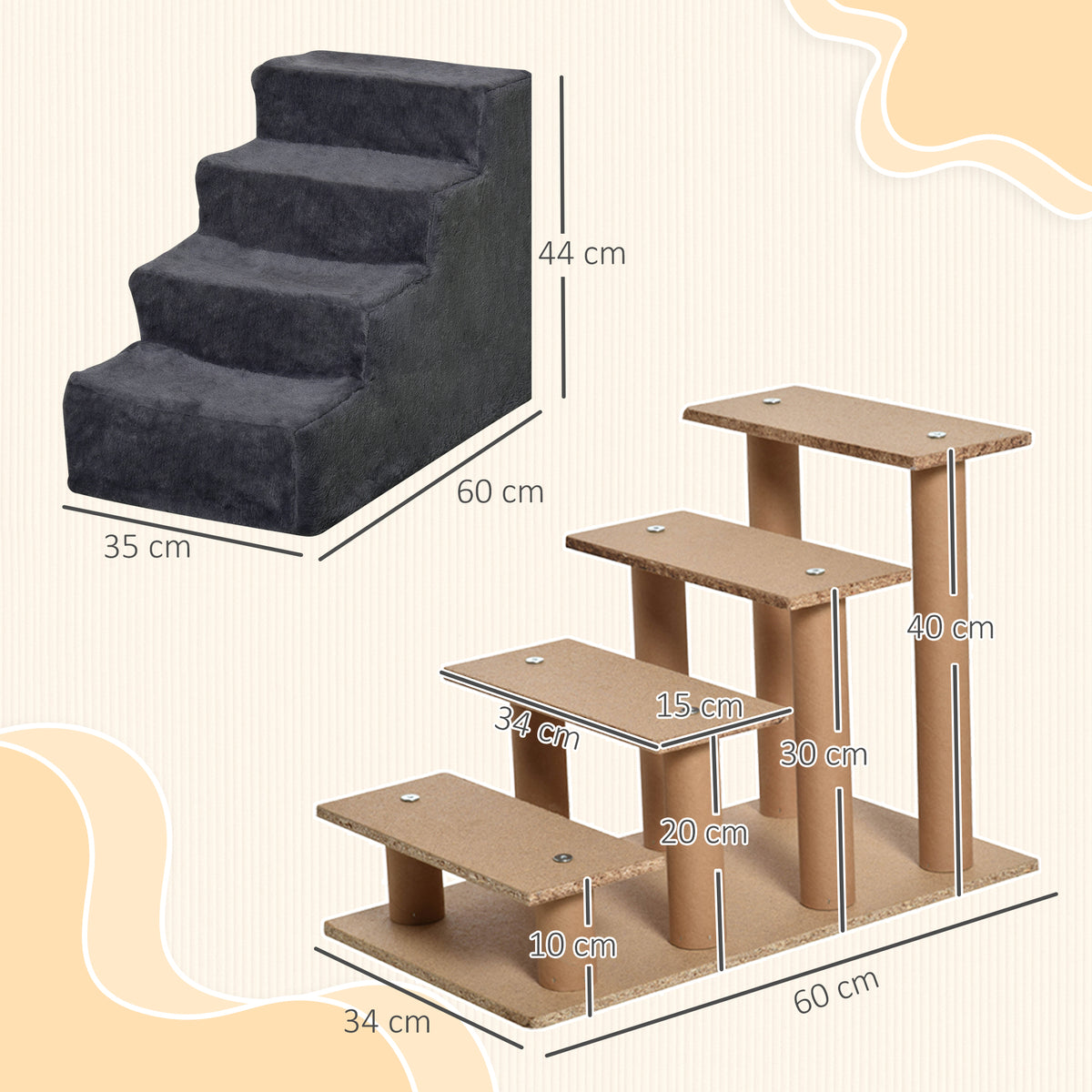 Four-step dark gray pet stairs, 60 cm long, 35 cm wide and 44 cm high