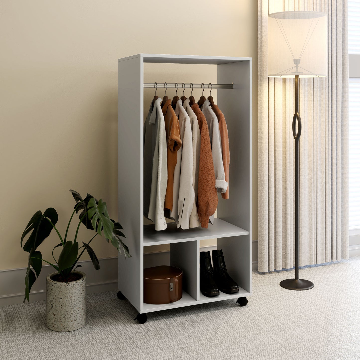 HOMCOM Open Wardrobe on Wheels, Bedroom Wardrobe with Clothes Hanging Rail, 2 Storage Shelves, Mobile Garment Rack for Cloakroom, Hallway, Grey