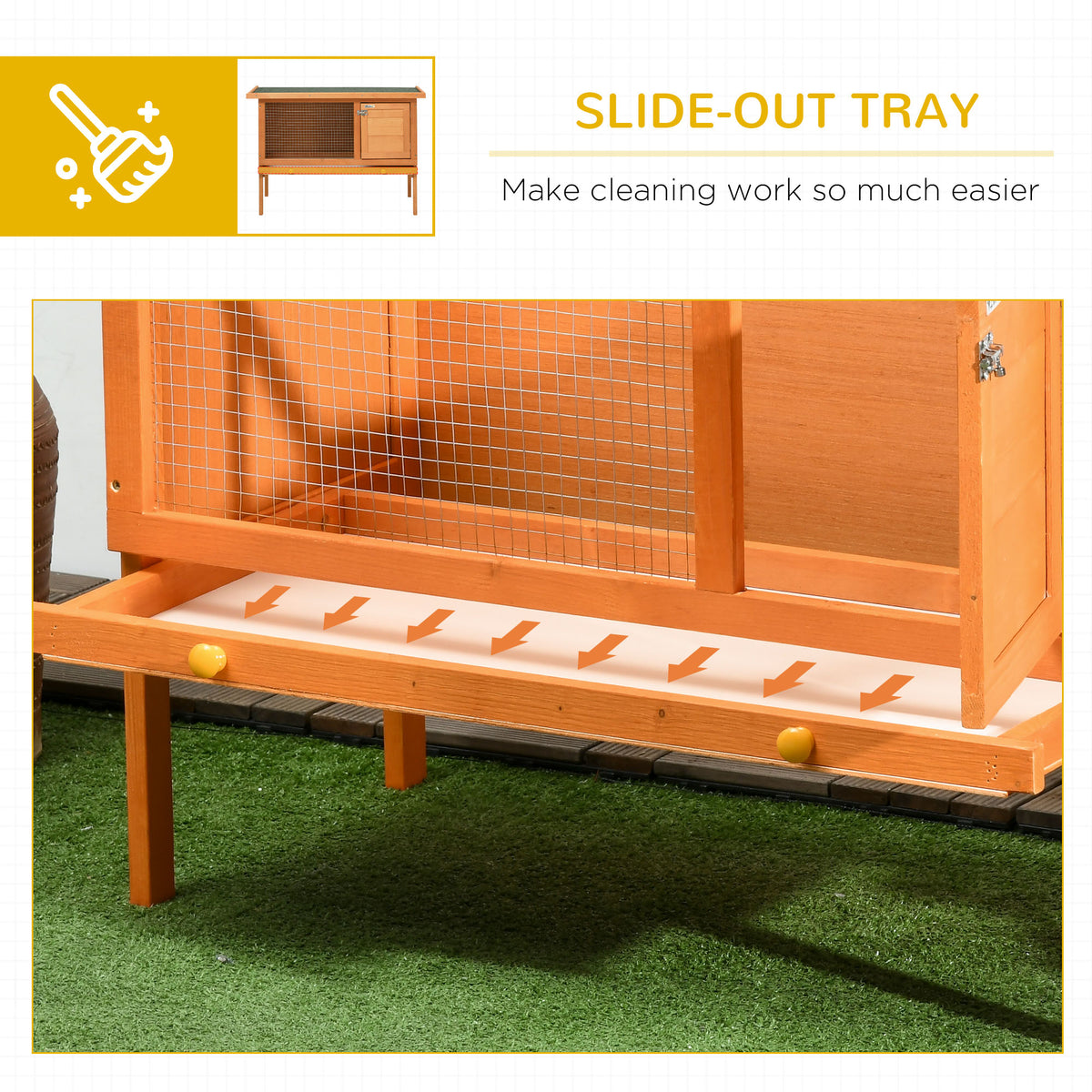 PawHut rabbit hutch slide-out cleaning tray beneath the mesh enclosure