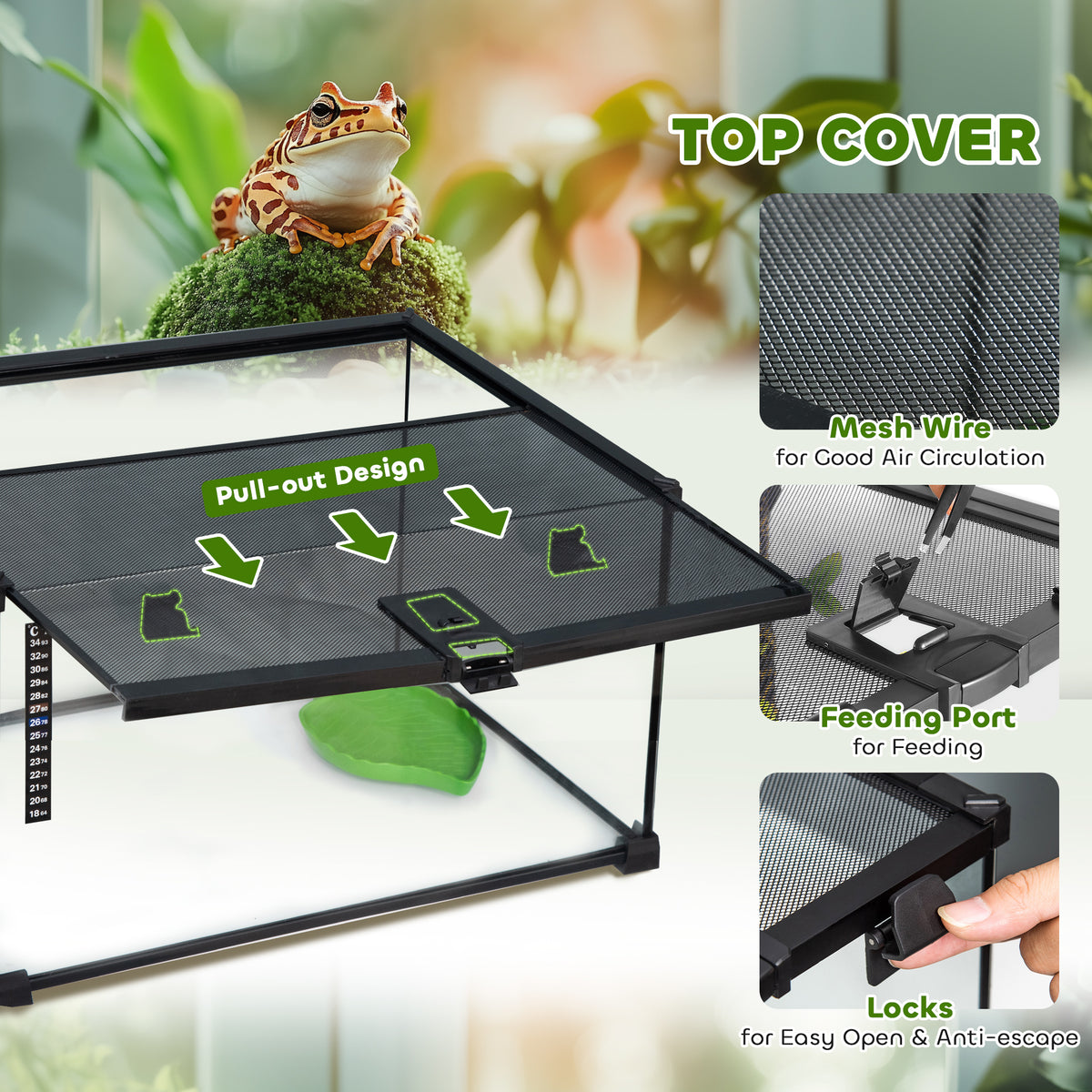 PawHut terrarium mesh top cover with pull-out feeding port and locking clips