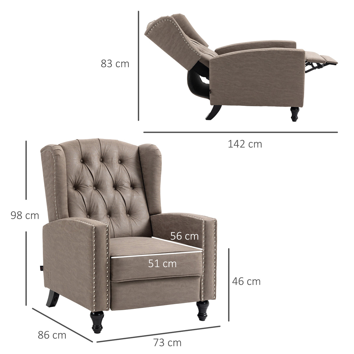 HOMCOM brown reclining armchair shown upright and reclined with dimensions