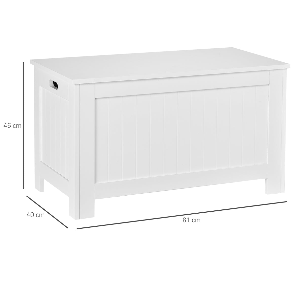 Closed white storage chest with paneled front and side handle cutouts, 81 x 40 x 46 cm
