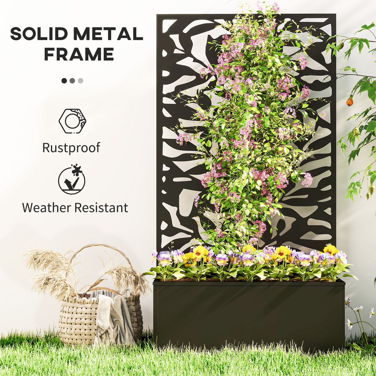 Black metal garden planter and decorative trellis with climbing plants and flowers
