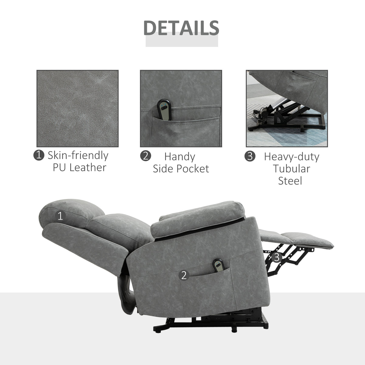 Grey faux leather recliner shown reclined, with side pocket and steel lift frame