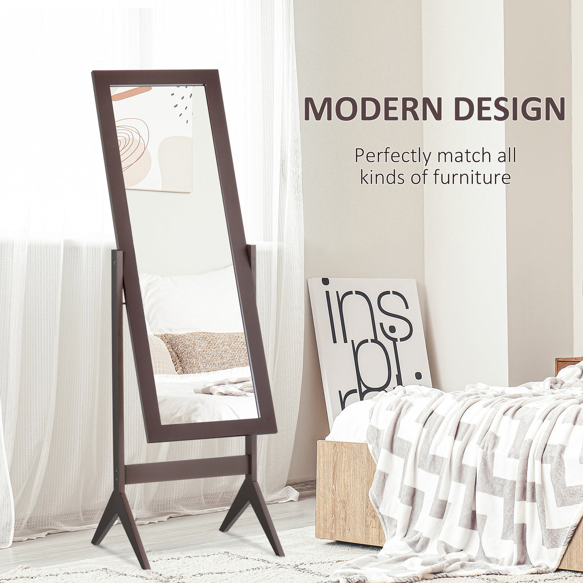 Brown freestanding full-length mirror with a rectangular frame and splayed legs