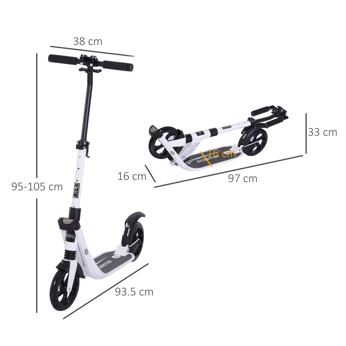 HOMCOM white folding kick scooter shown assembled and folded with dimensions