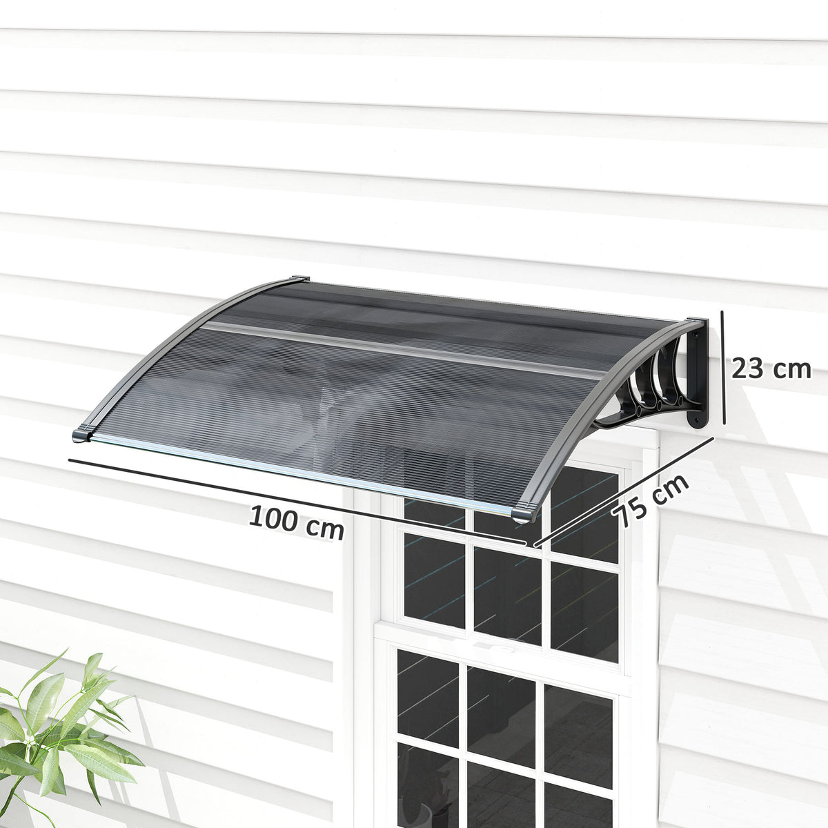 Outsunny black polycarbonate door canopy with 100 cm width, 75 cm projection and 23 cm height