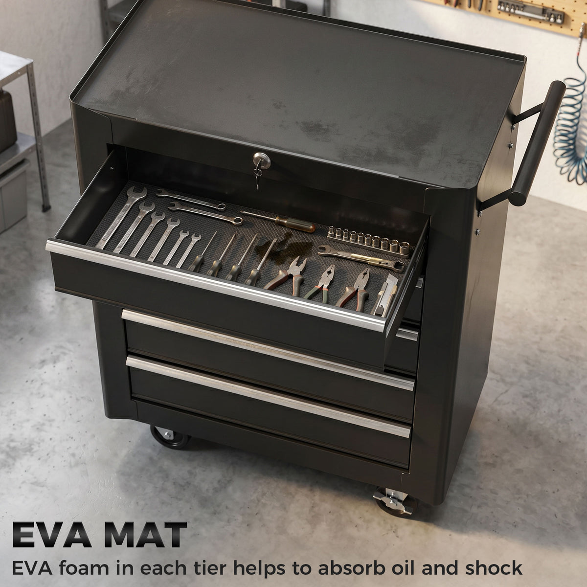 Black HOMCOM tool chest with top drawer open, showing foam liner and organized tools
