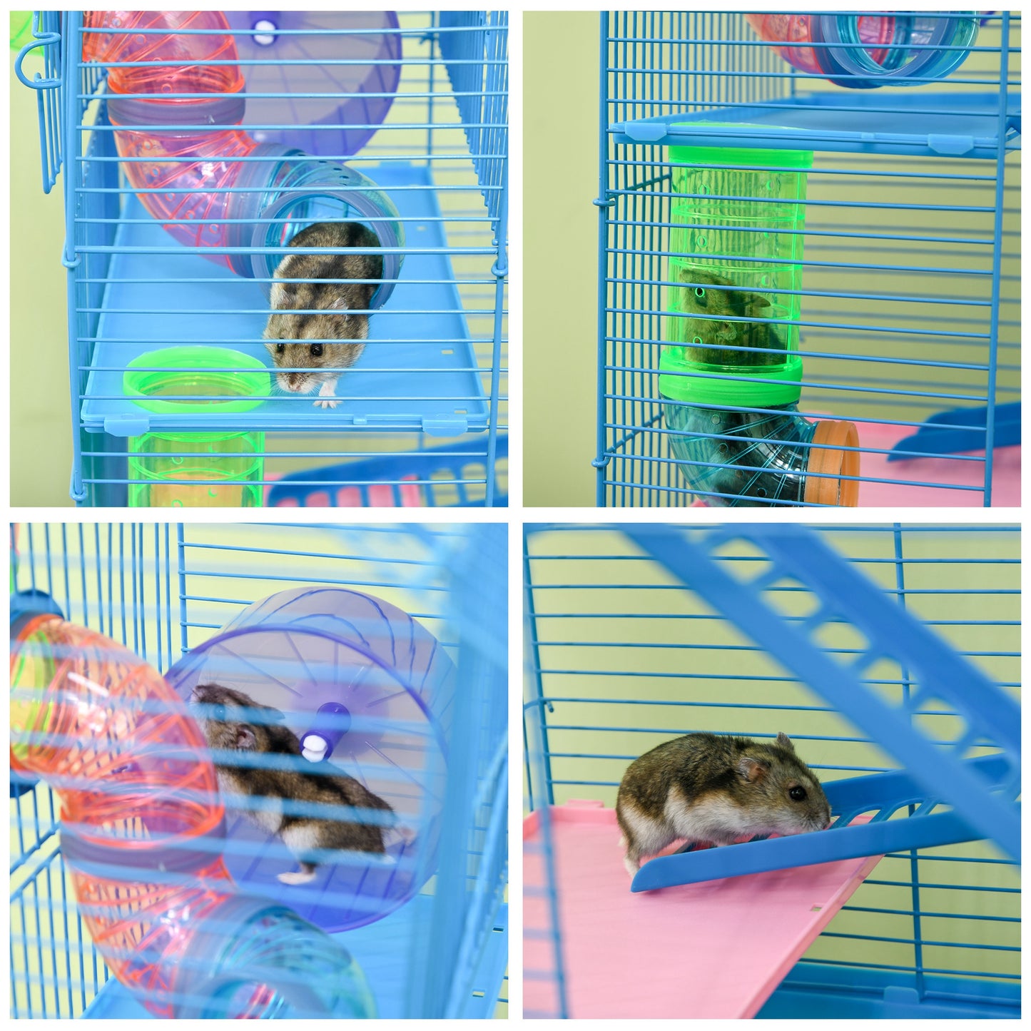 PawHut Hamster Cage, 5 Tier Carrier Habitat with Exercise Wheels Tunnel Tube Water Bottle Dishes House Ladder, Gerbil Cage for Dwarf Mice, Blue