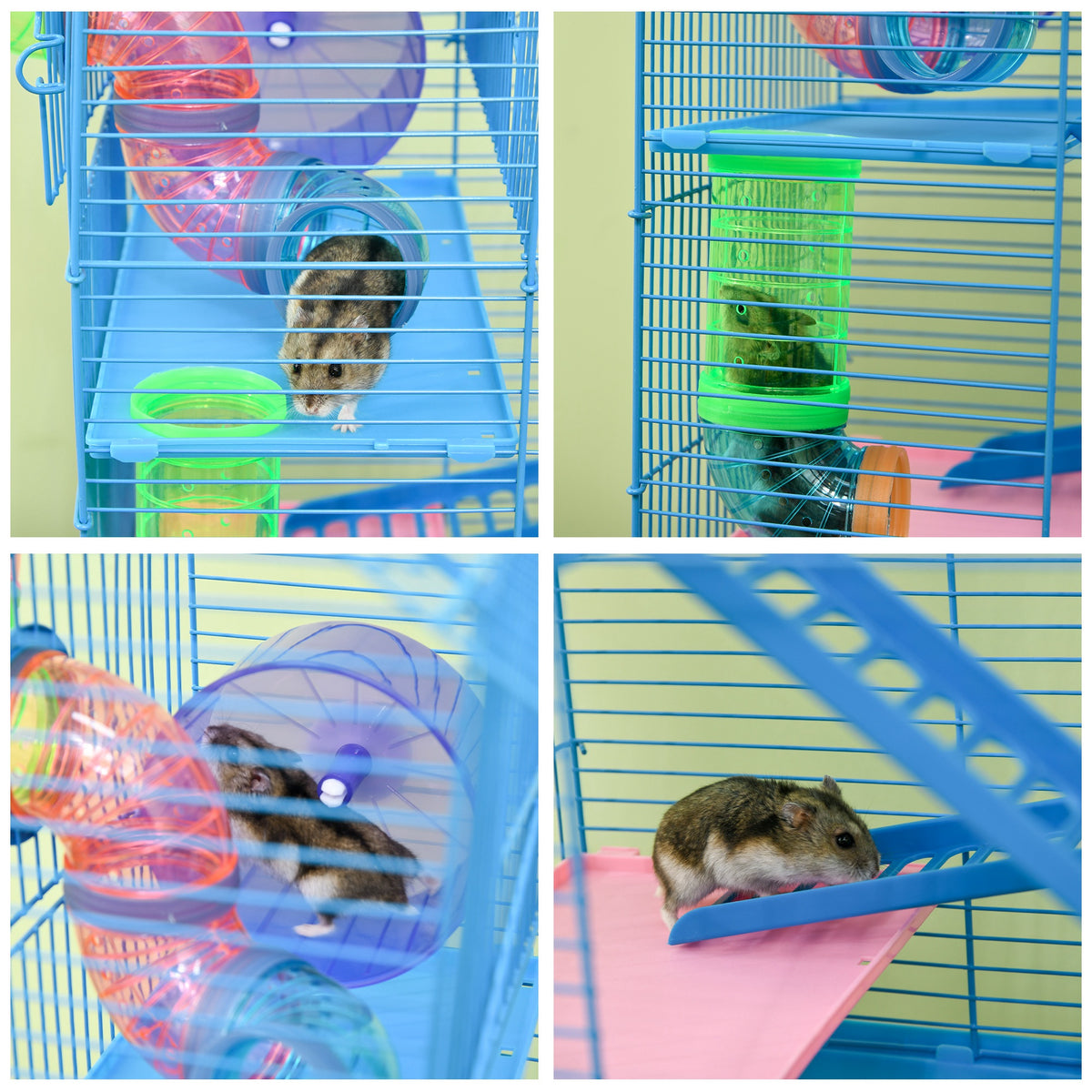 PawHut Hamster Cage, 5 Tier Carrier Habitat with Exercise Wheels Tunnel Tube Water Bottle Dishes House Ladder, Gerbil Cage for Dwarf Mice, Blue
