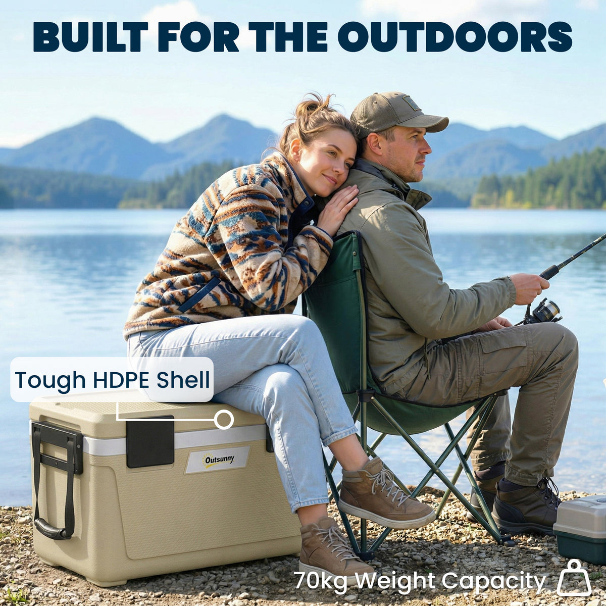 Outsunny 42.6L Insulated Cool Box, Lightweight Portable Ice Cooler with Handle, Lid and Drain Valve, Khaki
