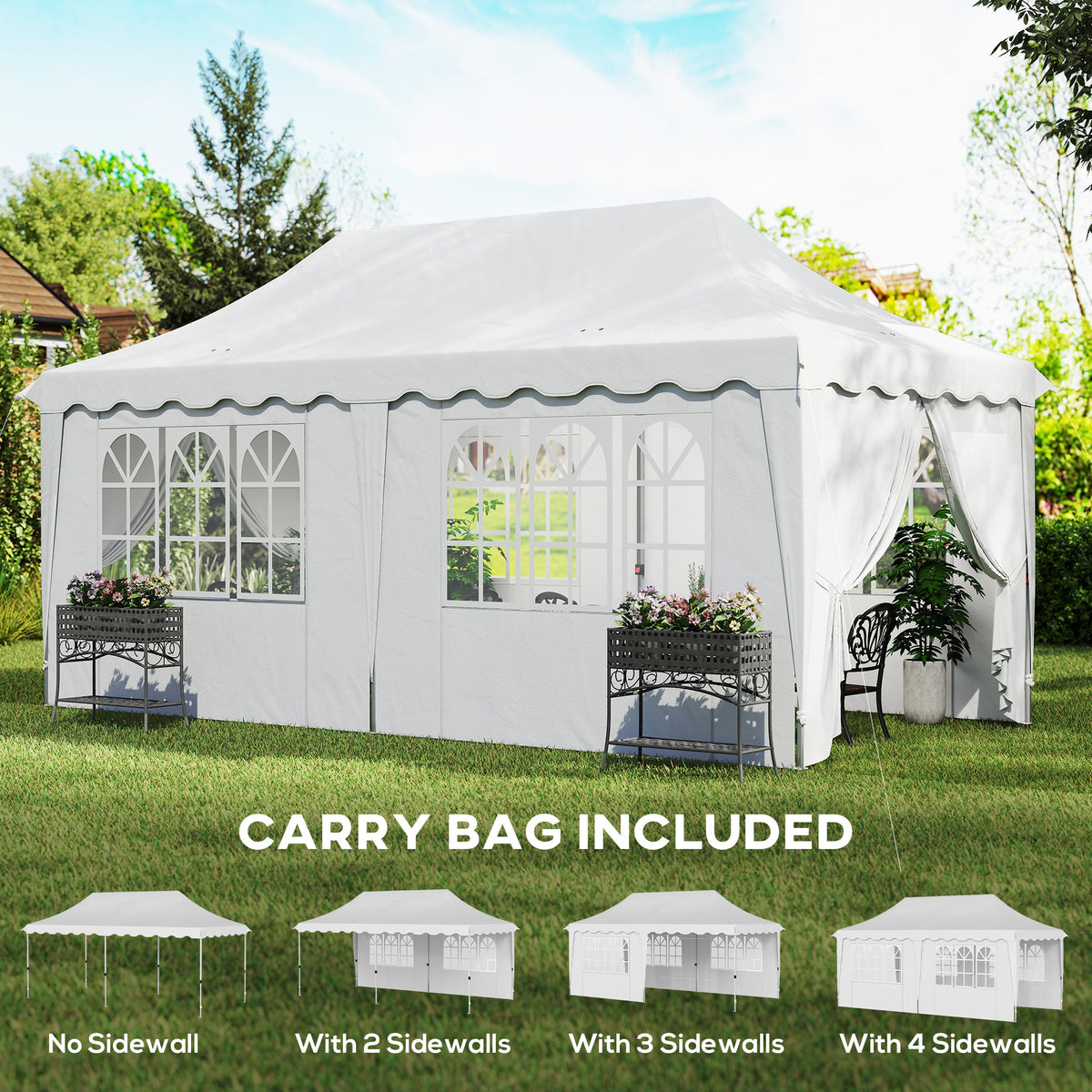 White pop-up gazebo with windowed side panels and open entrance; carry bag included