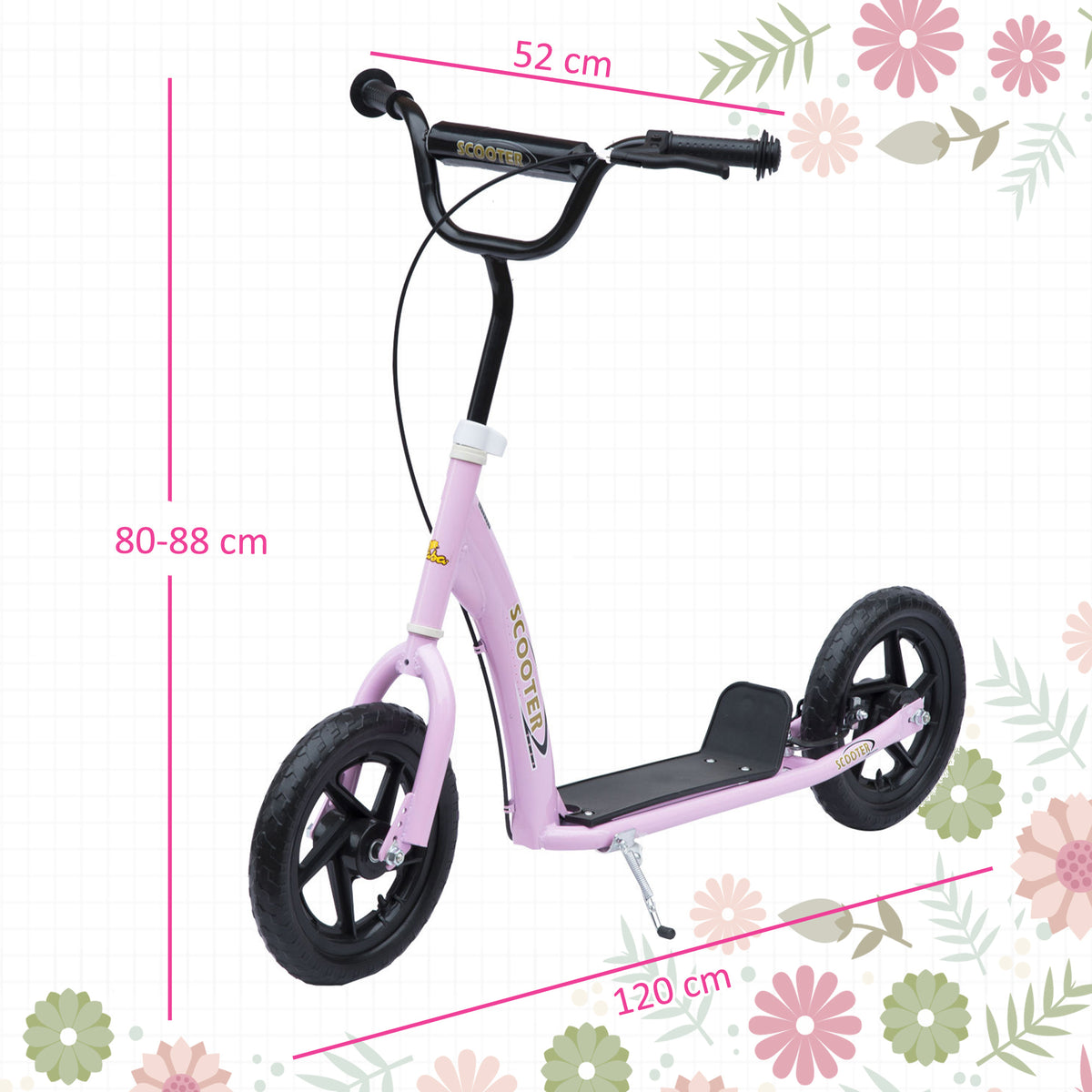 Pink kids kick scooter with black wheels, rear brake, kickstand, and dimensions shown.