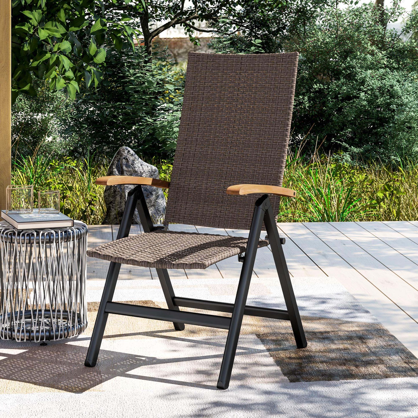 Outsunny Folding Rattan Garden Dining Chair with 5-level Reclining High Back, Wood Armrests for Outdoor, Patio - Brown
