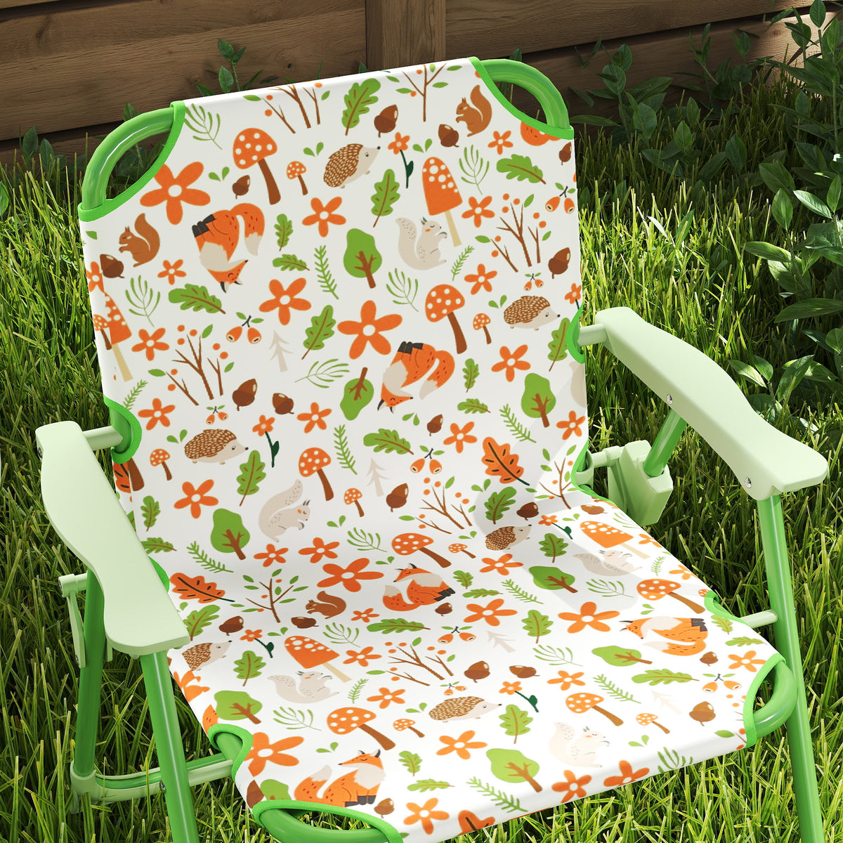 AIYAPLAY 4-Piece Kids Garden Table and Chair Set with Adjustable Parasol, Folding Chairs, Table, Nature Pattern, Green