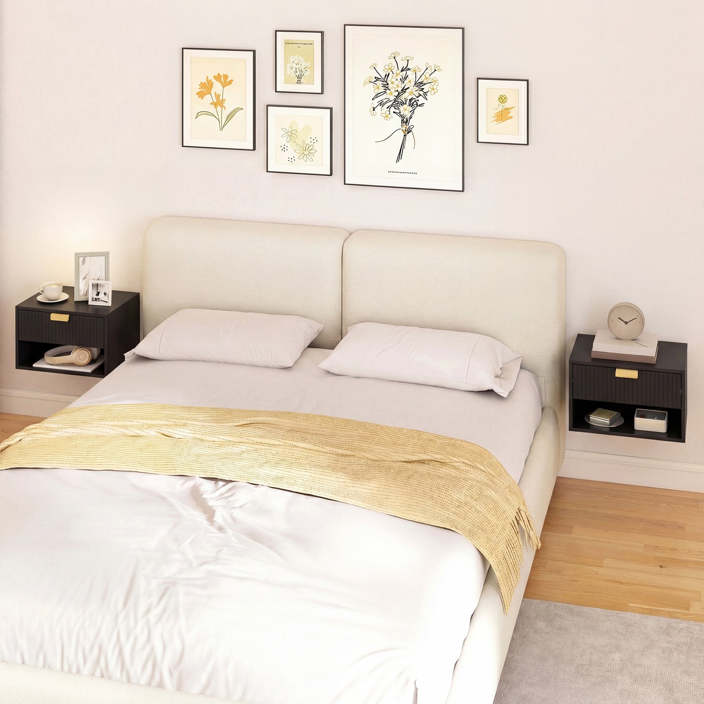HOMCOM Set of 2 Wall Mounted Nightstands, Floating Bedside Tables with Fluted Drawer and Open Shelf for Small Bedroom, Black