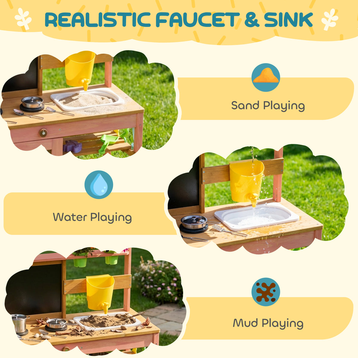 AIYAPLAY Kids Mud Kitchen with Canopy, Outdoor Wooden Play Kitchen with Planter Box, Accessories for Age 3-6, Pink