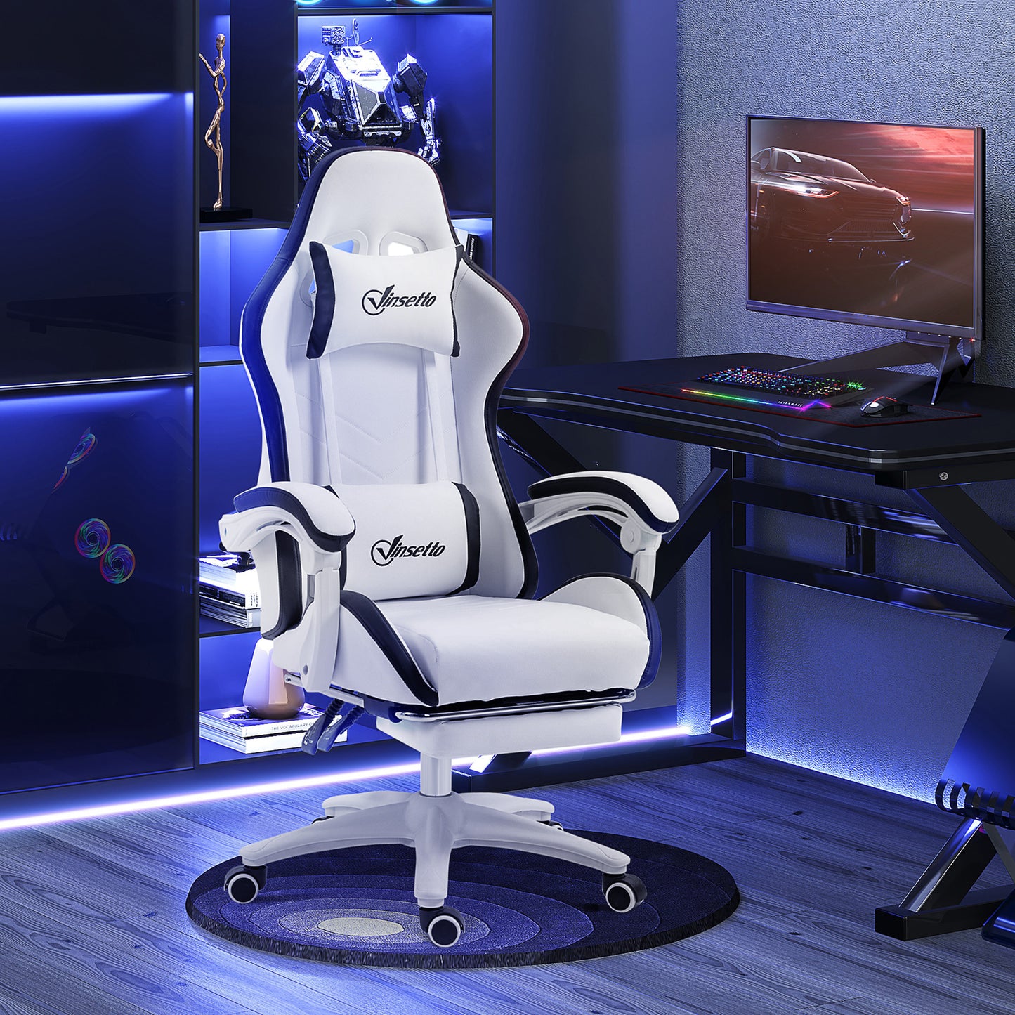 Vinsetto Ergonomic Computer Gaming Chair, PU Leather Office Desk Chair with Footrest, Swivel Wheels, 135° Reclining Back, Lumbar Support, Headrest for Home, White and Black