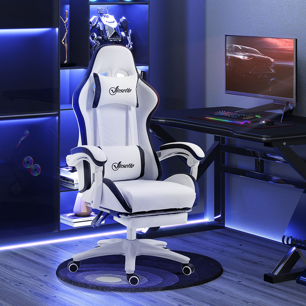 Vinsetto Gaming Chair, Computer Gamer Chair with Reclining High Back, Headrest, Lumbar Support, Footrest, Swivel Wheels, PU Leather, Adjustable Height for Home, White and Black