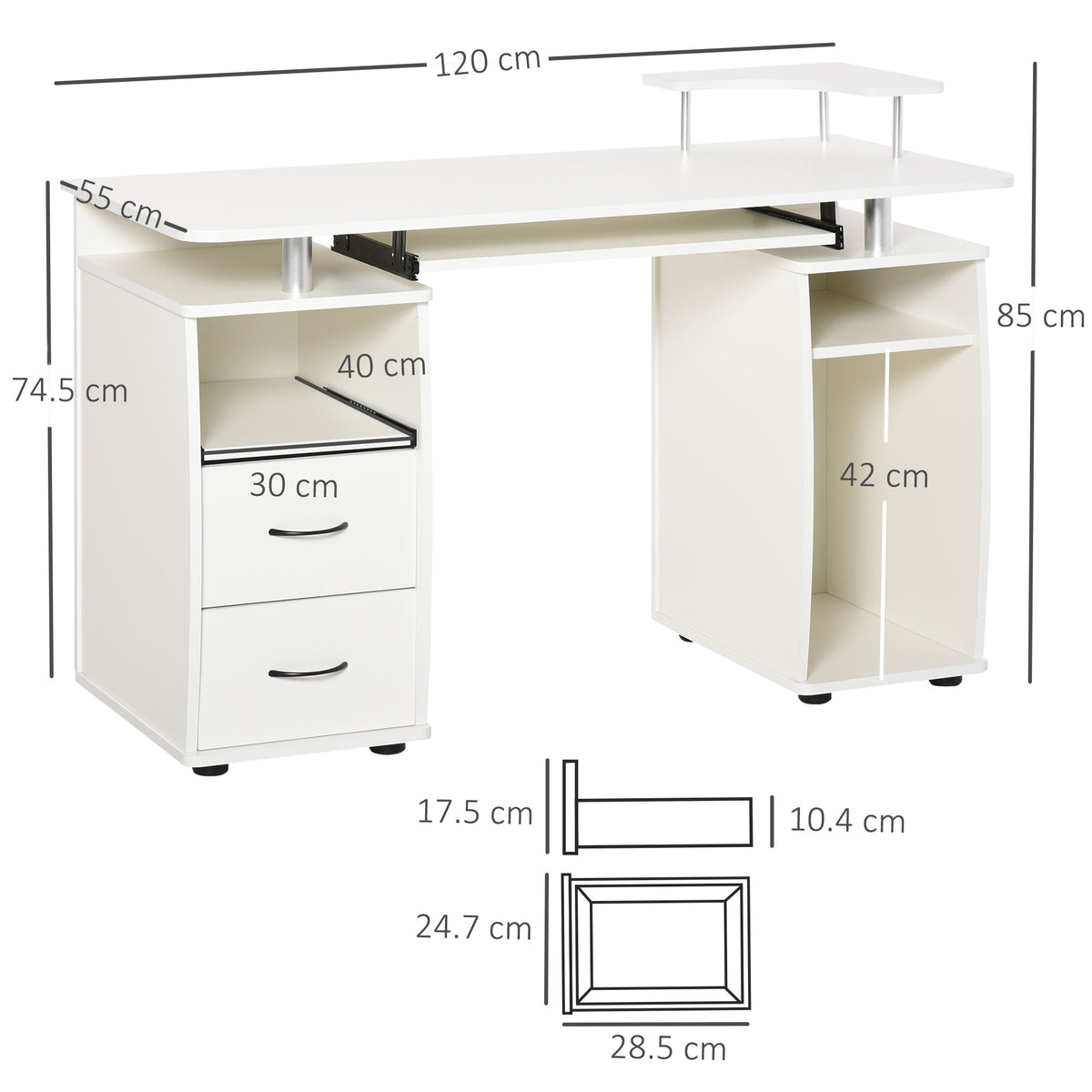 White computer desk with raised shelf, keyboard tray, drawers, and CPU compartment; dimension diagram.