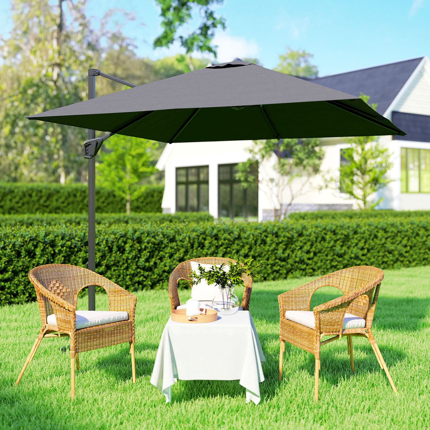 Outsunny Patio Offset Parasol Umbrella with UV Resistant, Cross Base Included, Weights Required - Dark Grey