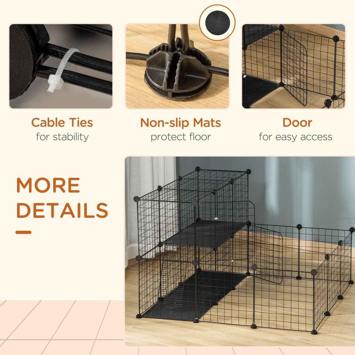 Black wire pet playpen featuring a door, resin platforms, non-slip feet, and cable-tie fasteners.