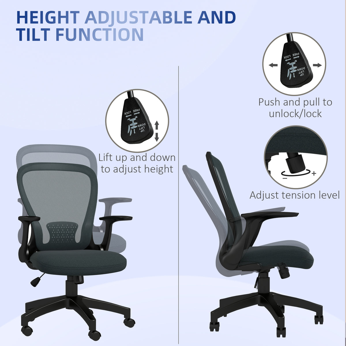 Grey mesh office chair with adjustable height and tilt function.