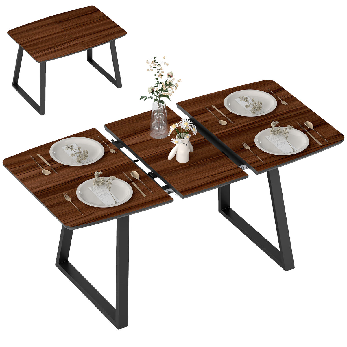 Extendable dining table with dark wood-effect top, steel frame and center leaf