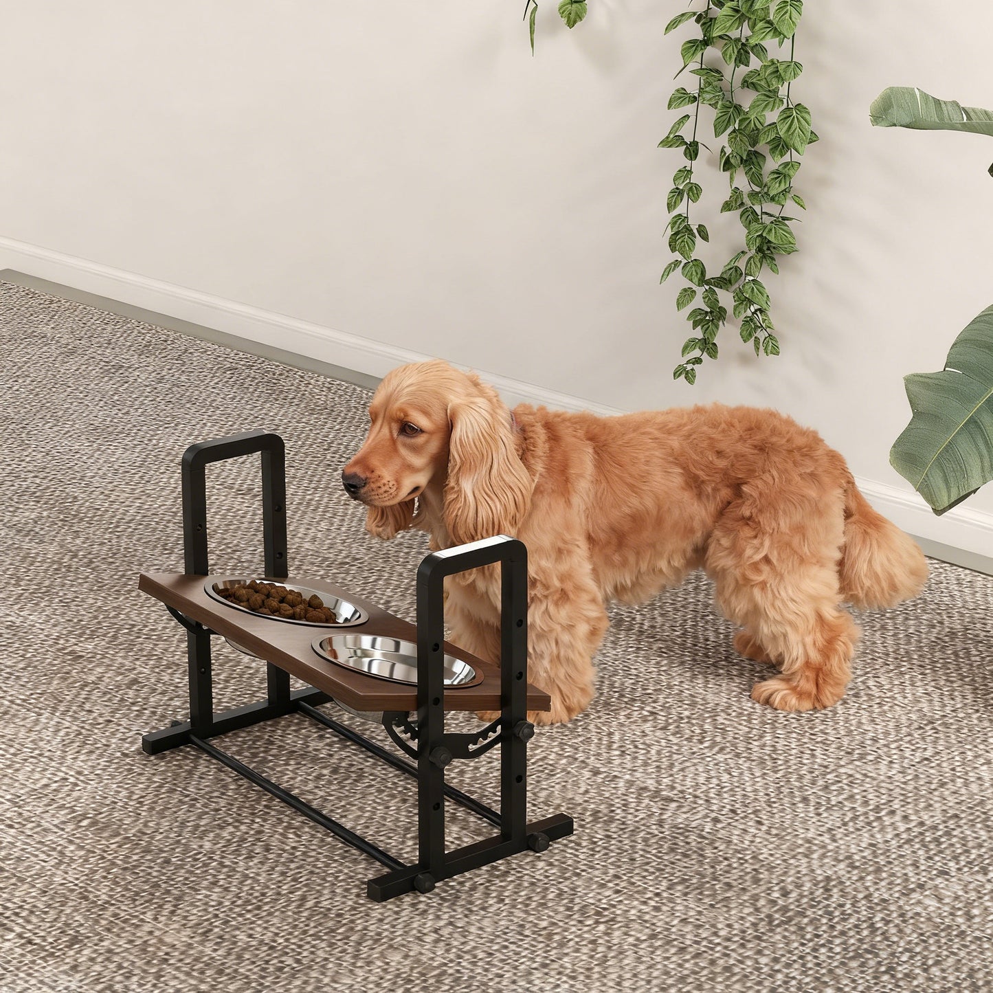 PawHut Raised Dog Bowls with Stand, 4 Heights Adjustable Pet Feeder with 3 Adjustable Angles for Small, Medium & Large Breeds, Brown