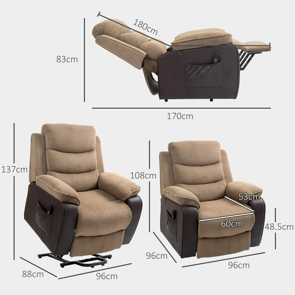Electric lift recliner shown reclined and upright with overall dimensions