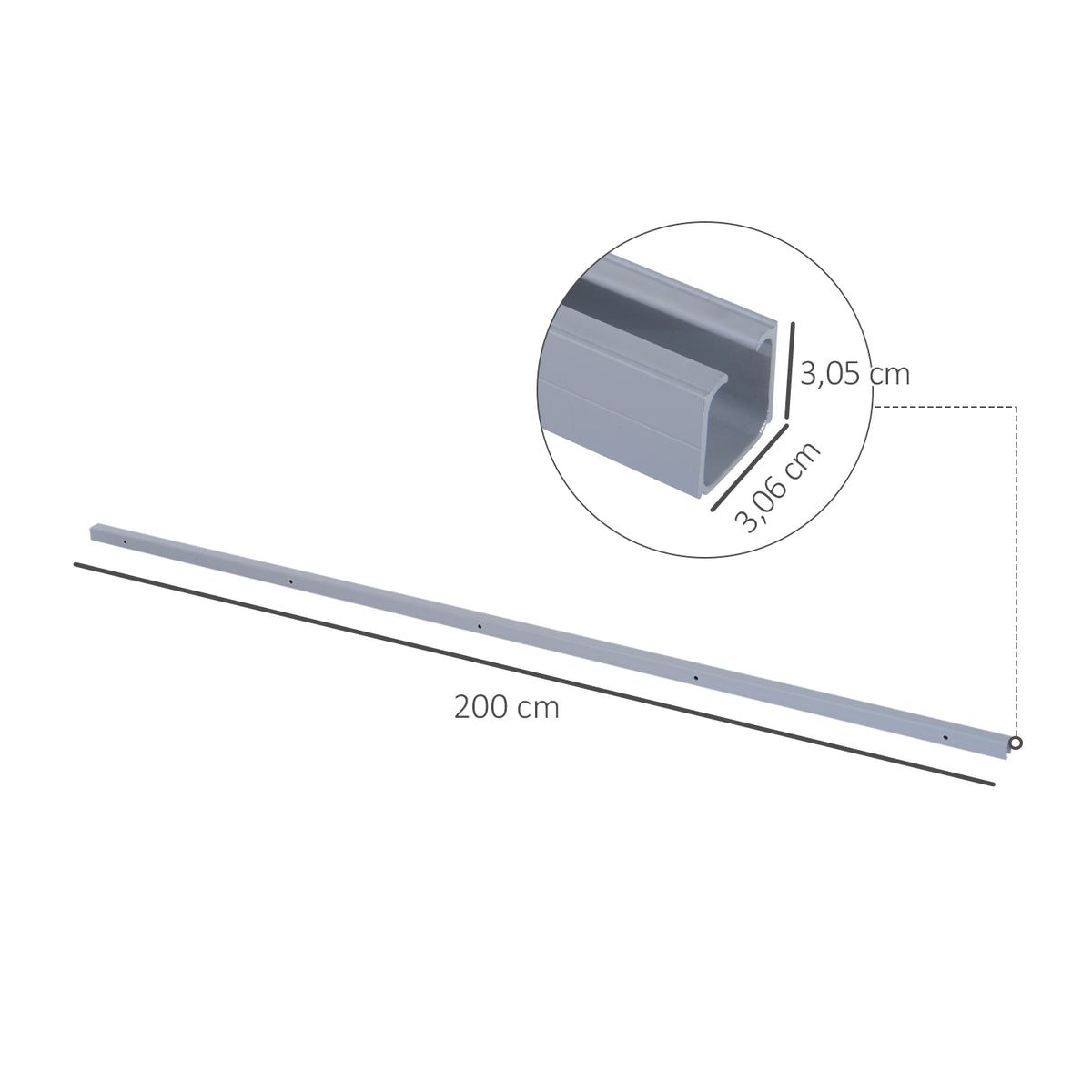 Aluminum sliding door track, 200 cm long, with cross-section dimensions shown