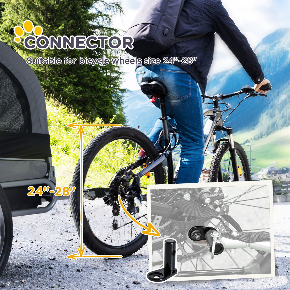 PawHut dog bike trailer hitch connector attached to a bicycle, compatible with 24–28 inch wheels