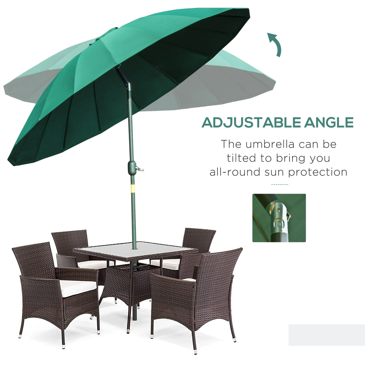 Green garden parasol tilted at an angle, with crank pole and glass table set beneath it