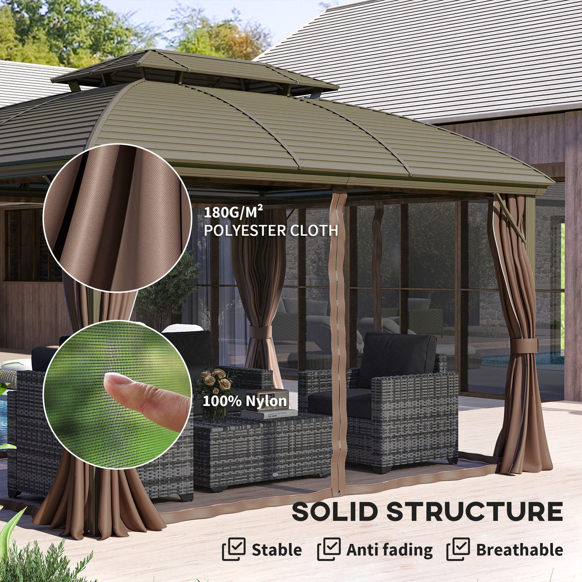 Outsunny gazebo with brown polyester curtains, nylon netting and a hardtop roof