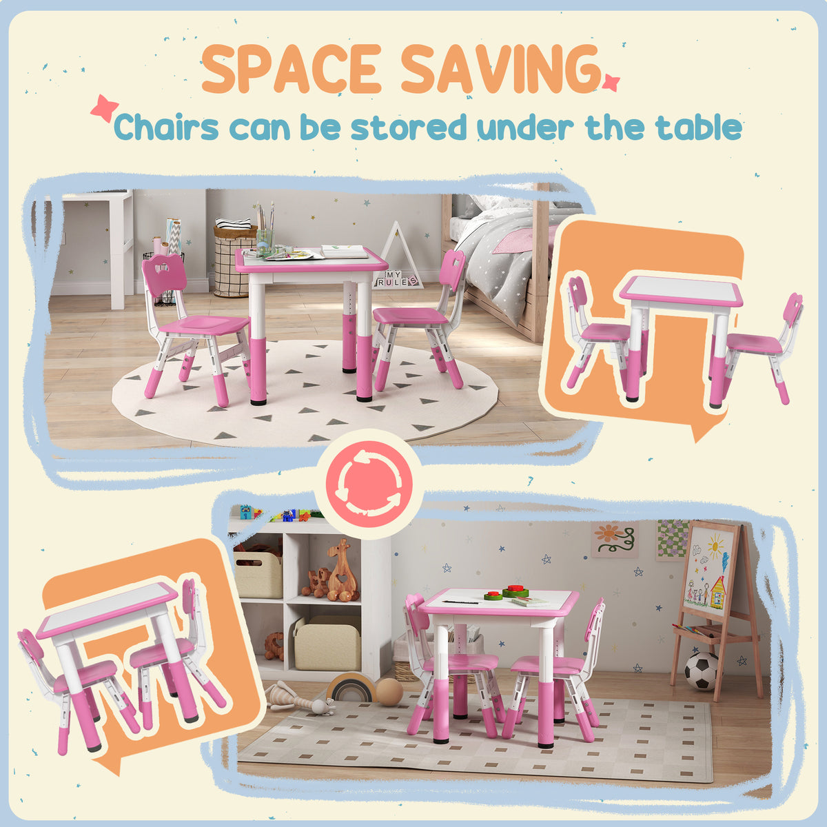 AIYAPLAY Height Adjustable Toddler Table and Chair Set, 3-Piece Children Activity Table w/ 2 Chairs for Playroom, Bedroom - Pink