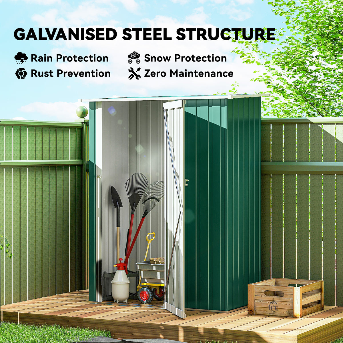 Green metal garden shed with open doors and gardening tools stored inside