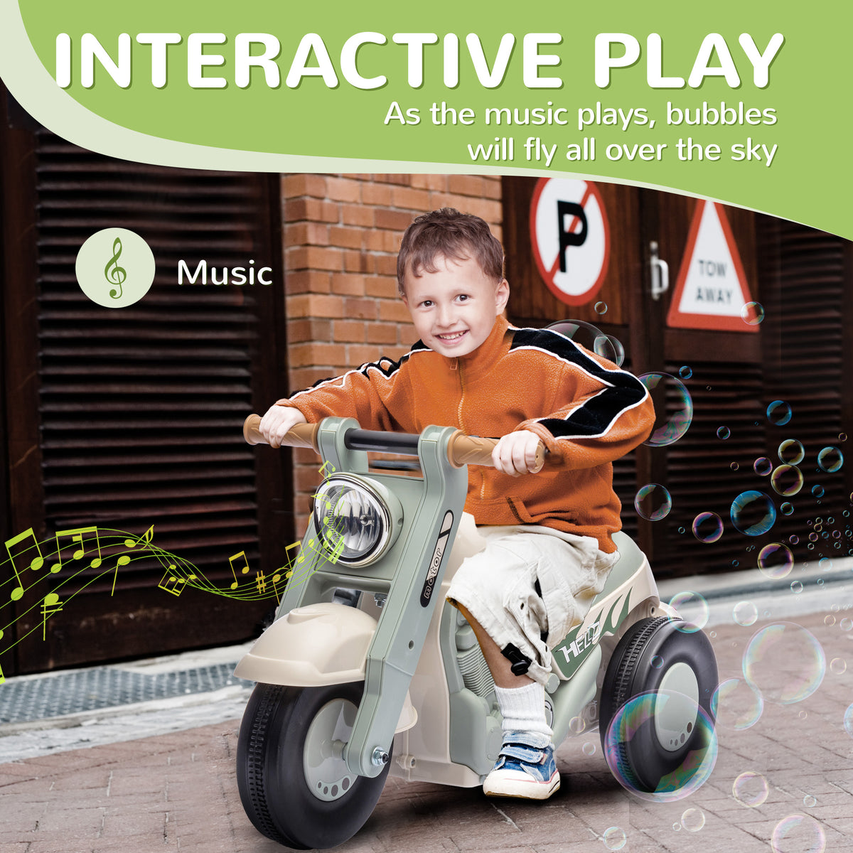 AIYAPLAY ride-on motorcycle with a child riding and bubbles around it