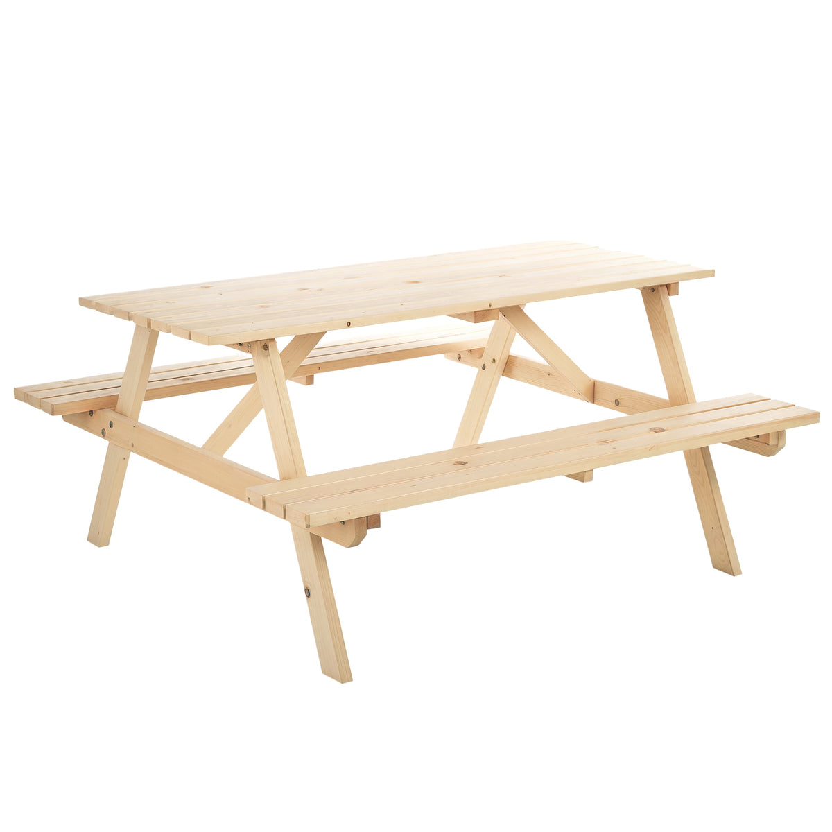 Six-seat wooden picnic table with attached slatted benches