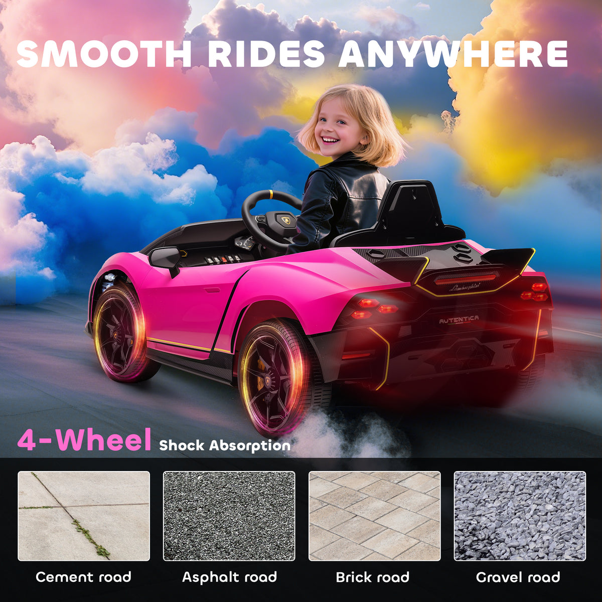 Pink Lamborghini Autentica ride-on car viewed from the rear, with four-wheel suspension