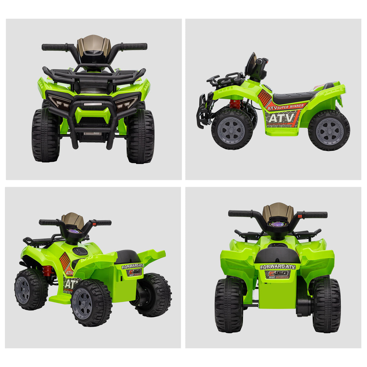 Green electric quad bike shown from front, side, and rear angles.