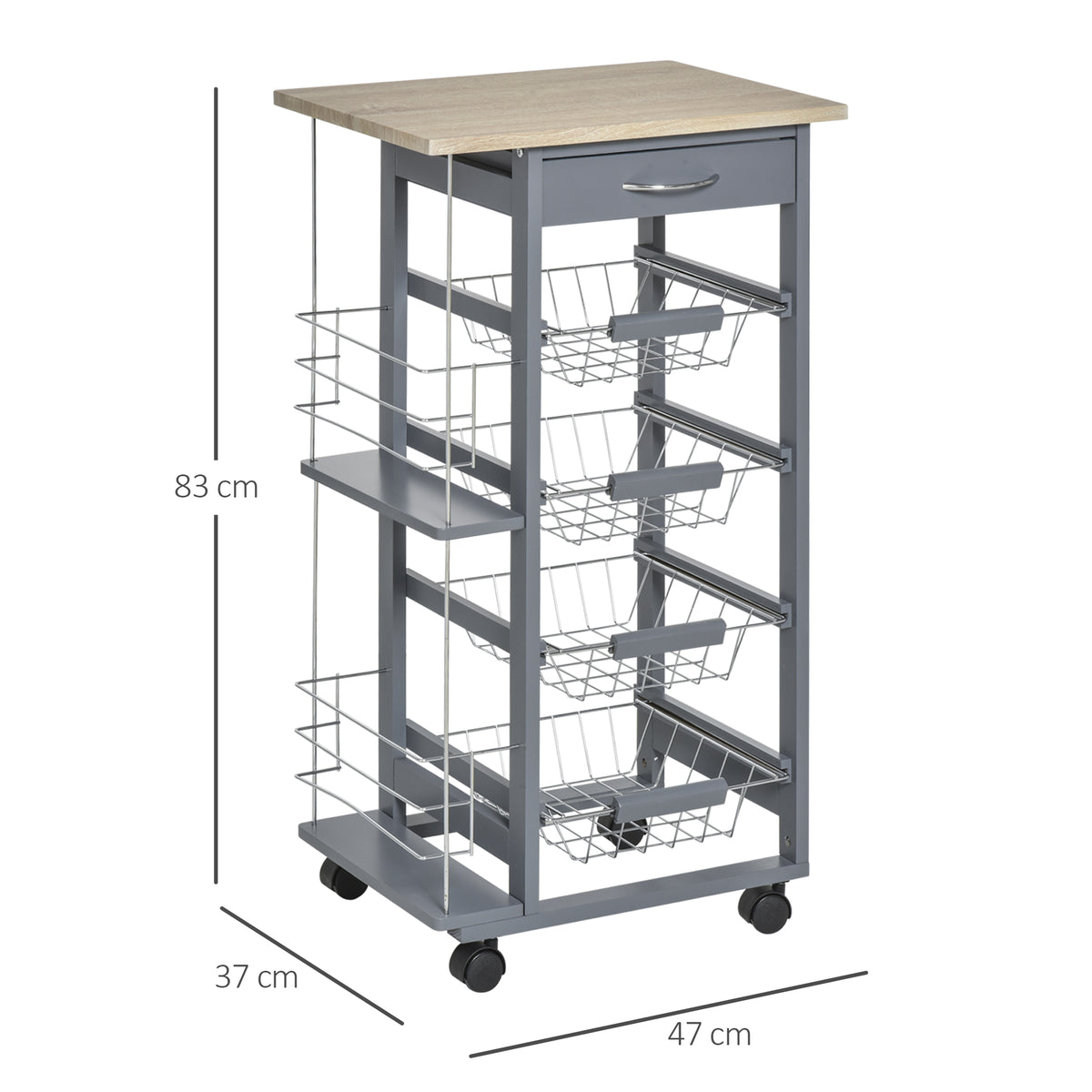 Gray rolling kitchen cart with four baskets, a drawer, and two side racks