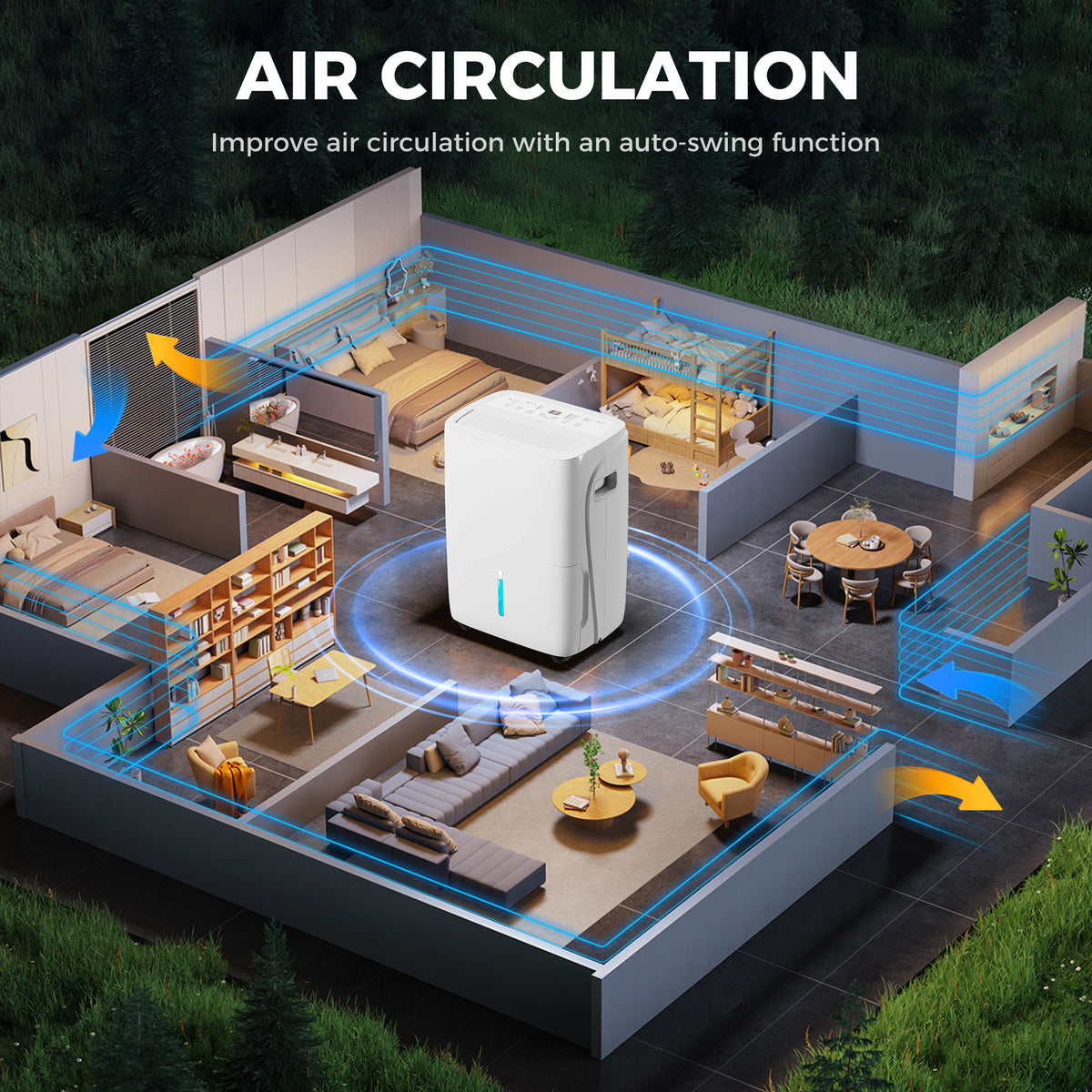 HOMCOM dehumidifier with air circulation illustrated across a multi-room home