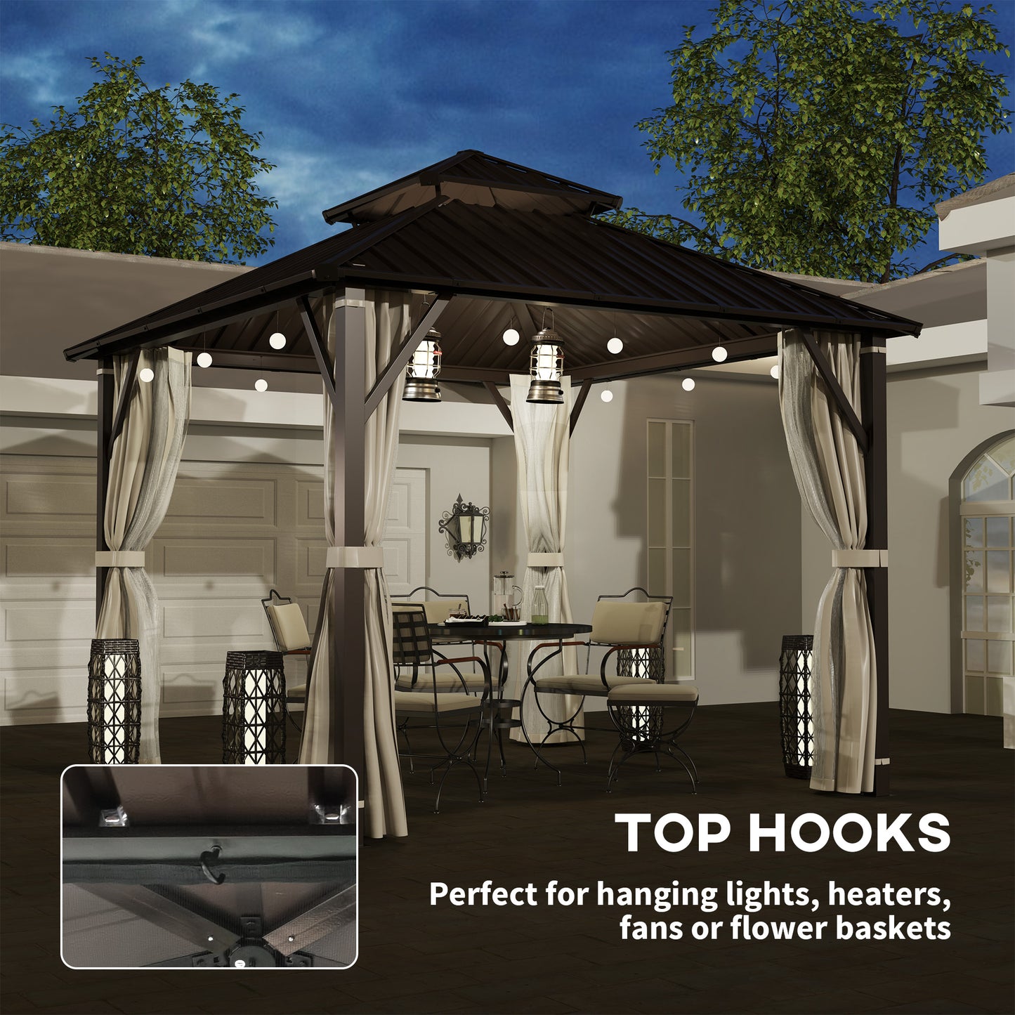 Outsunny 3 x 3(m) Hardtop Gazebo Canopy with Double Metal Roof, Waterproof Permanent Pavilion Garden Gazebo with Netting and Curtains, Easy to Assemble, Beige