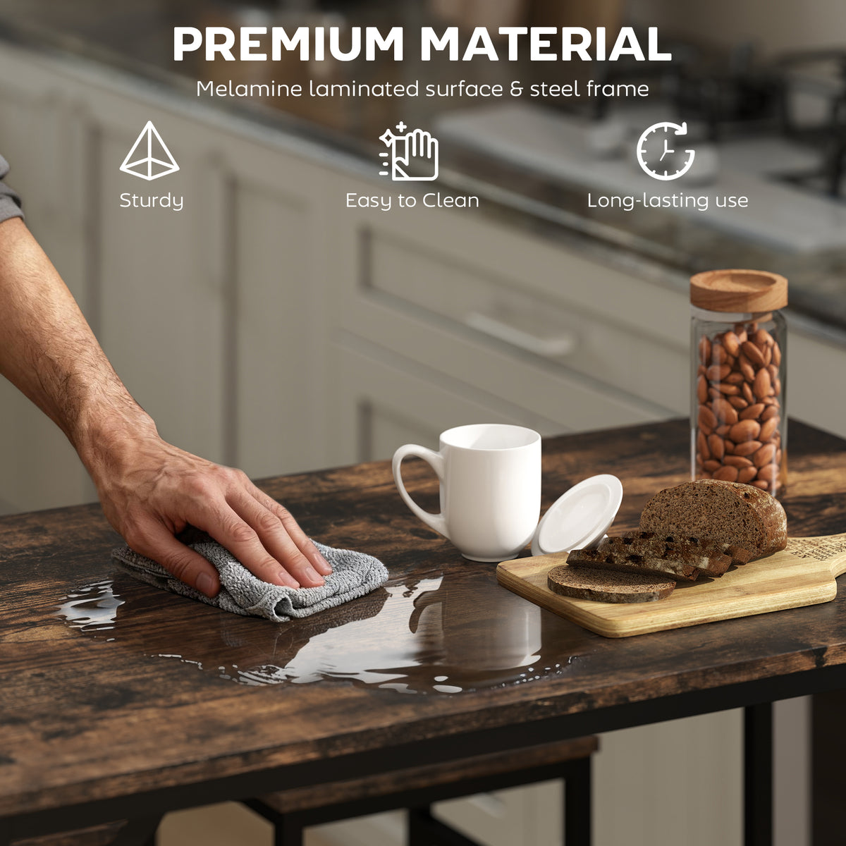 HOMCOM bar table with rustic brown laminated top being wiped clean