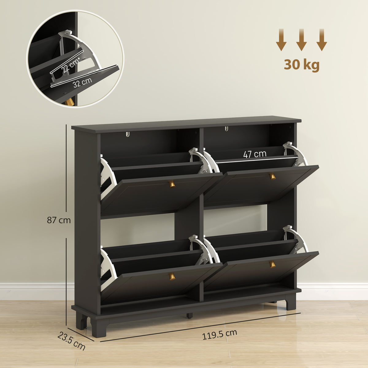 Black shoe cabinet with four flip drawers, shown with dimensions and load capacity.