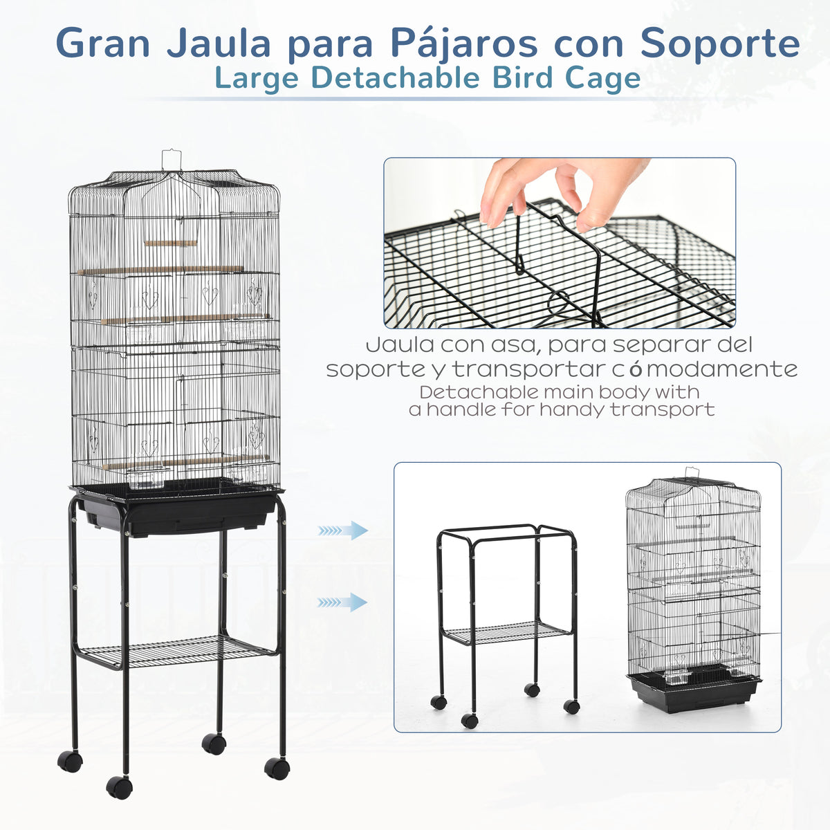 Detachable black bird cage and wheeled stand shown assembled and separated
